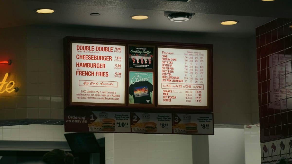 In-N-Out Burger restaurant menu featuring items like Double-Double and French Fries.