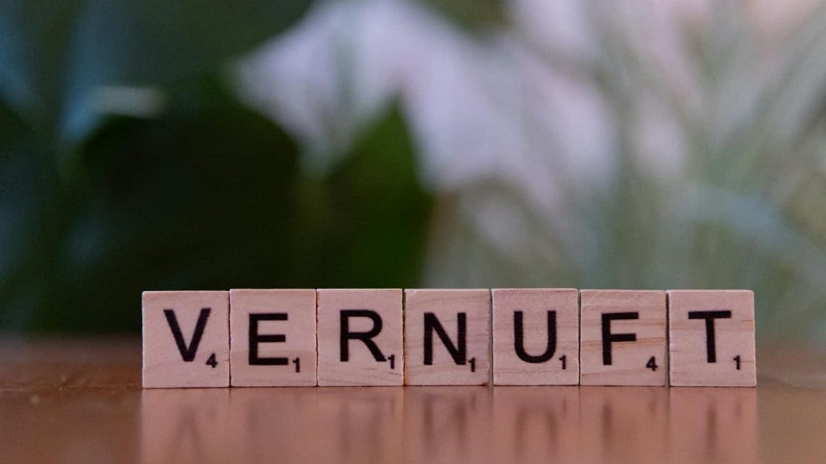 Close-up of Scrabble tiles arranged to spell 'Vernuft' on a wooden surface with blurred background.