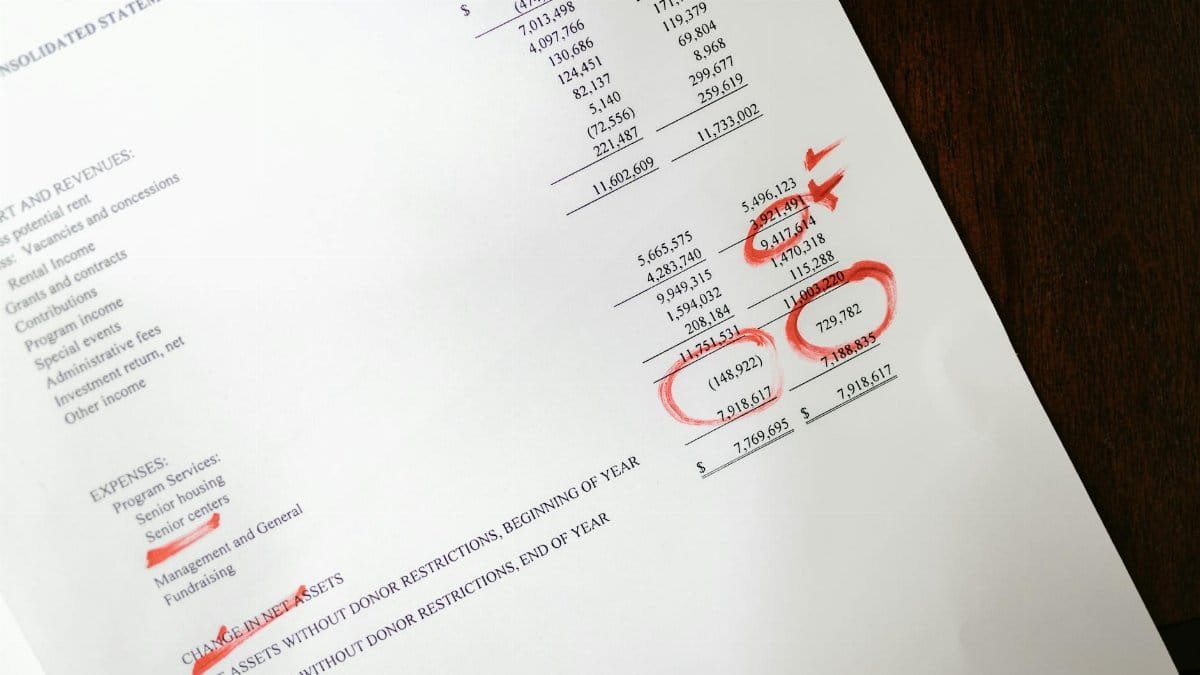 Financial statement with red annotations on a wooden table.