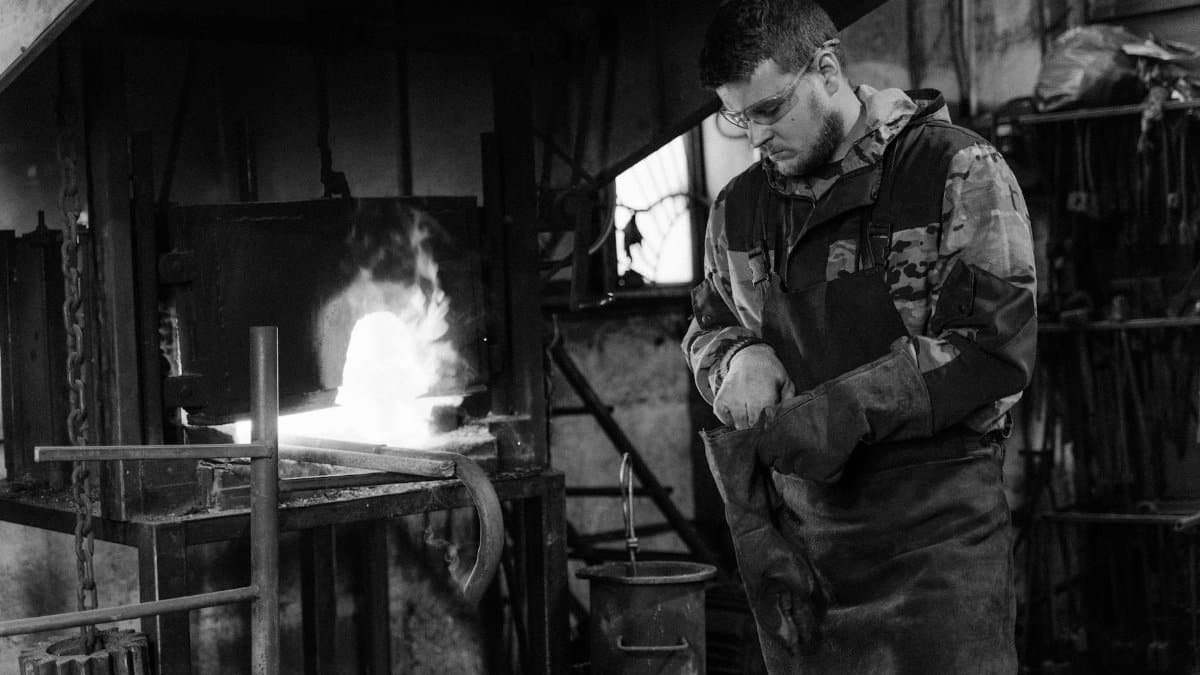 A blacksmith working in a forge, crafting metal in a monochrome industrial setting.