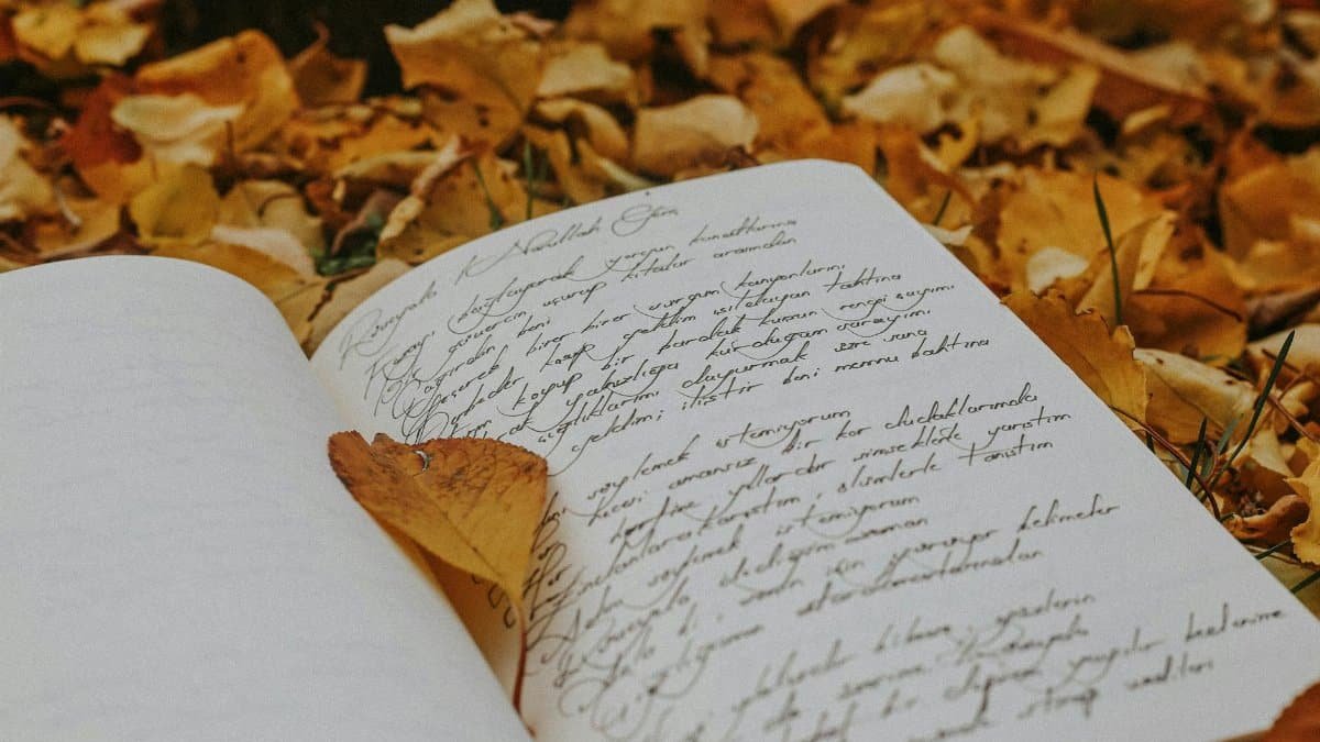 An open notebook with handwritten calligraphy surrounded by fall leaves, evoking a cozy and reflective autumn atmosphere.