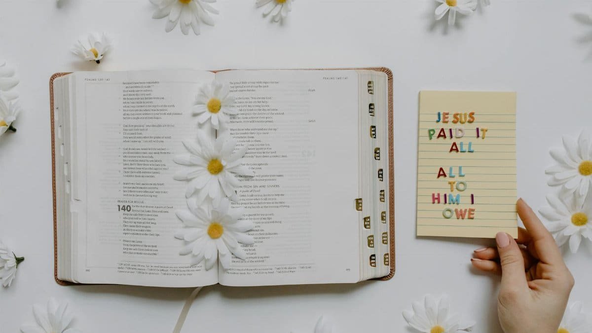 Open Bible surrounded by daisies with a card reading 'Jesus Paid It All'. Perfect for religious themes.