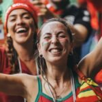 Excited women fans celebrate with flags and smiles during a sports event outdoors.