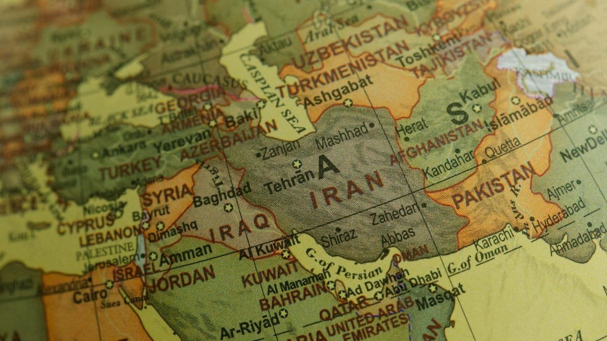 Close-up view of Middle East map highlighting countries and borders.