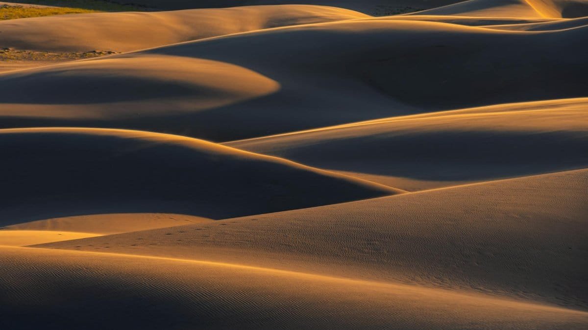 Captivating golden sand dunes in Colorado captured beautifully at sunset, highlighting the natural patterns.