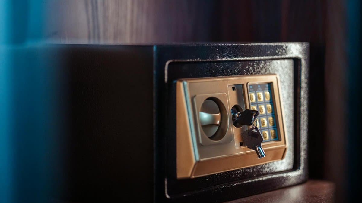 Close-up image of an electronic safe with a key in Baghdad, Iraq.