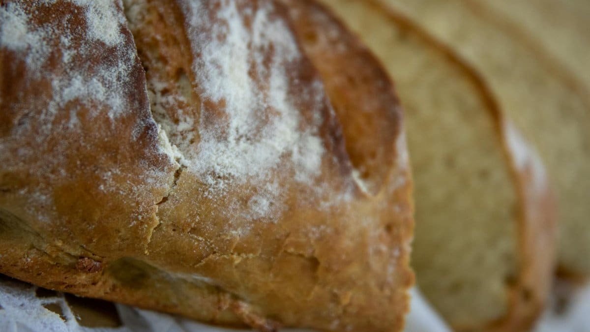 A detailed close-up of rustic, freshly baked artisan bread loaf with flour dusting.