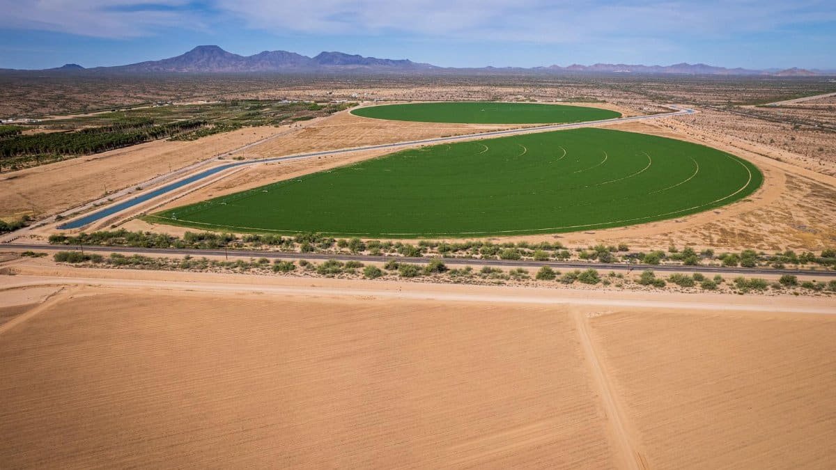 Aerial photograph of lush green circular fields amidst the arid landscape near Stanfield, Arizona.