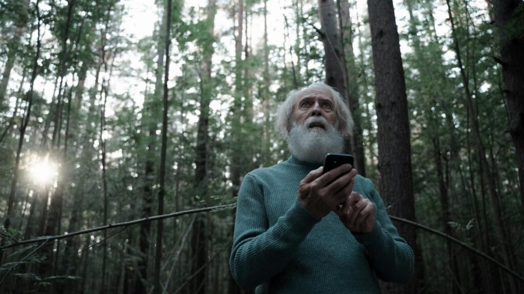 Senior man looking upwards in a forest, holding a mobile phone, surrounded by trees.