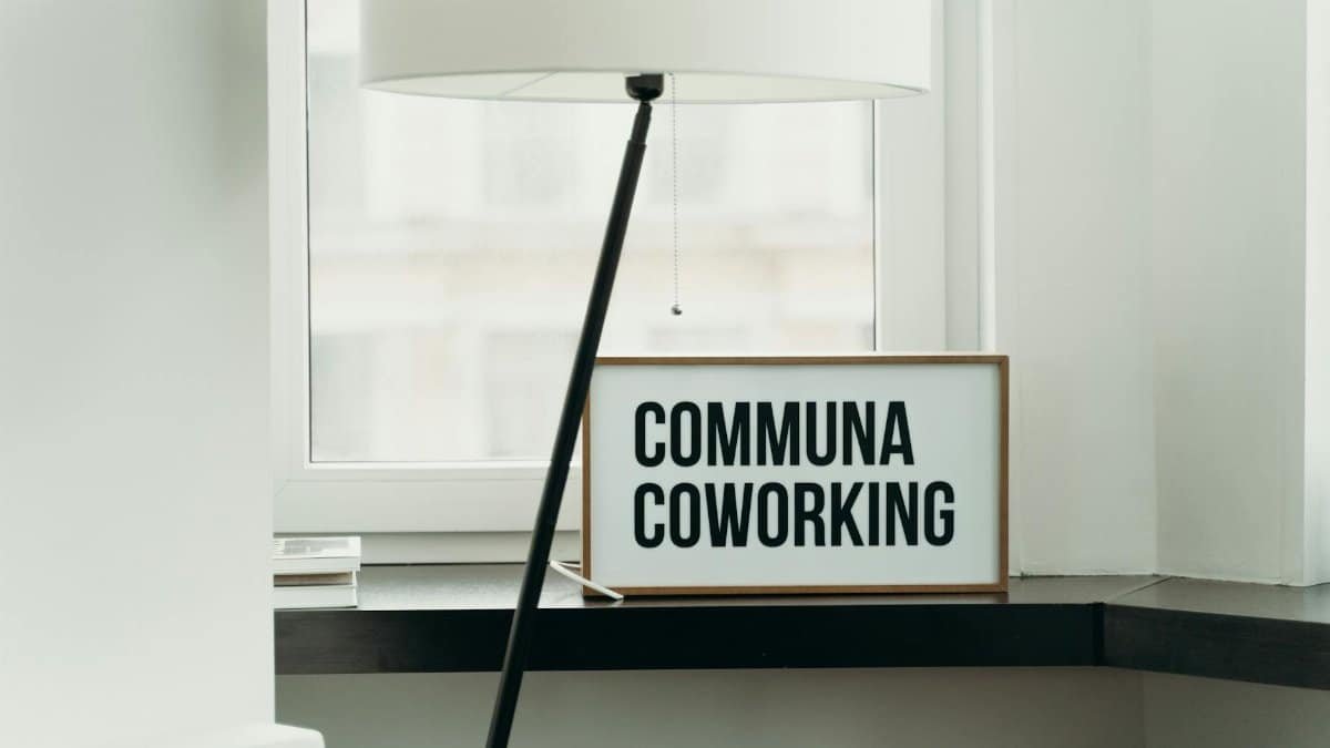 Simple and elegant coworking space decor with soft lamp lighting and window view.