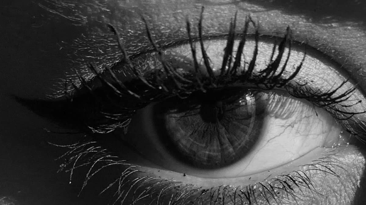 Dramatic monochrome close-up of an eye with detailed eyelashes and a reflective iris.