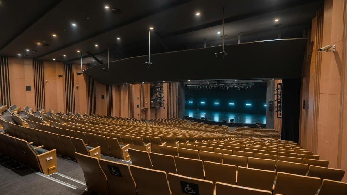 Empty auditorium with seating and stage lighting, Varanasi.