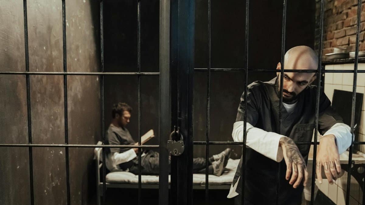 Two men in a dimly lit prison cell, one reading on bed, the other standing somberly by bars.