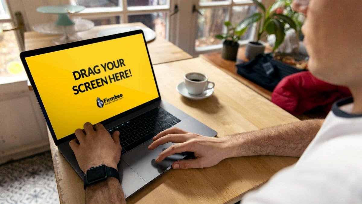 Over-the-shoulder view of a person using a laptop indoors with a placeholder screen for customization.