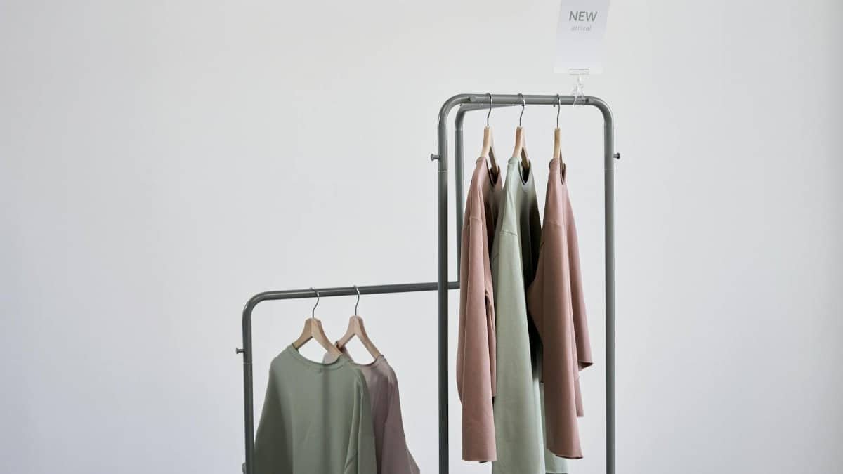 Elegant clothing rack showcasing new arrival blouses in a minimalist setting.