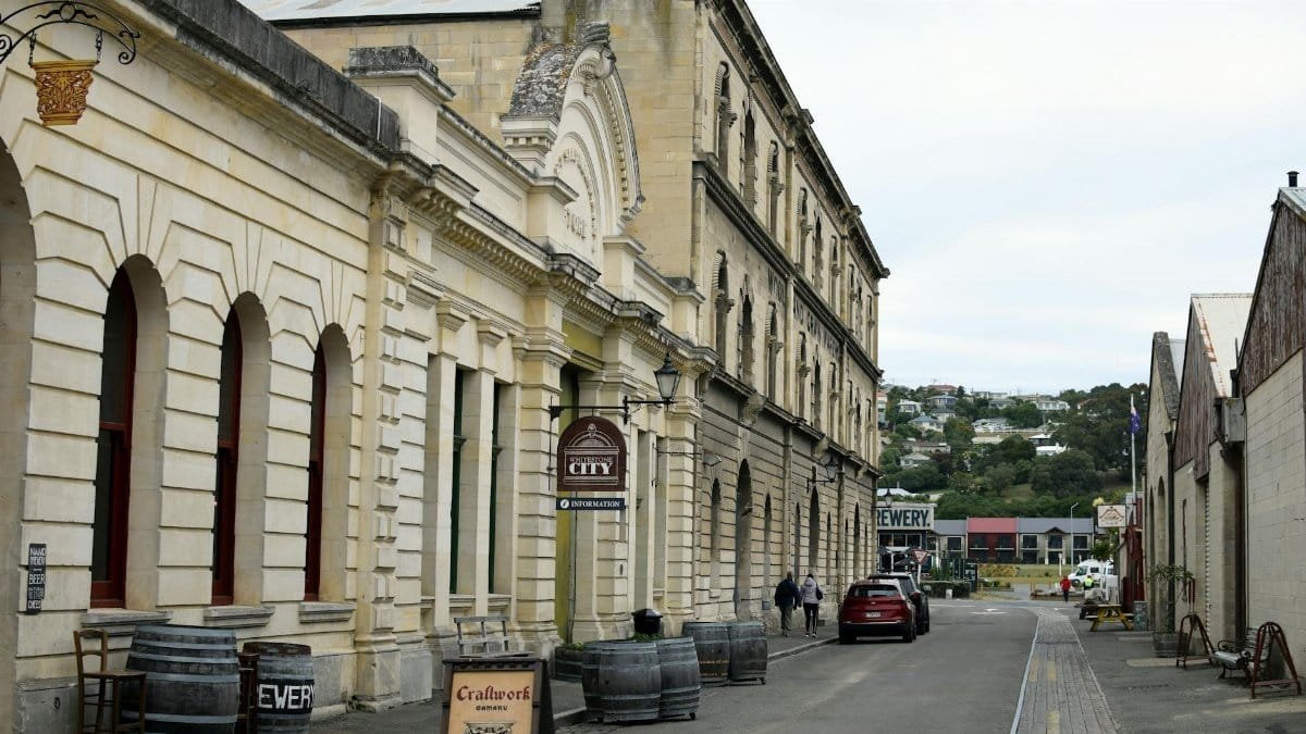 Charming historic buildings line a street in Oamaru, New Zealand, offering a glimpse into the past.