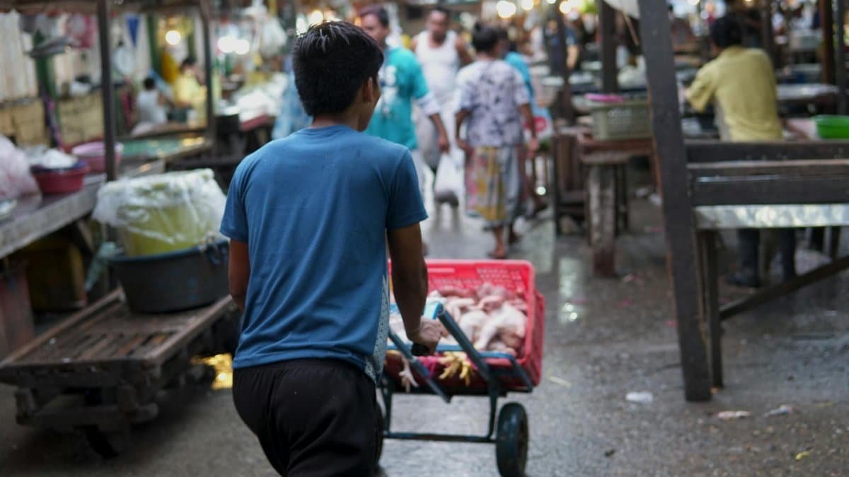A man pushes a cart filled with goods through a bustling outdoor market, surrounded by shoppers and vendors.