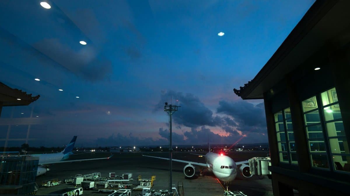 Contemporary airplanes with red beacon parked on airfield near airport service vehicles and terminal at night