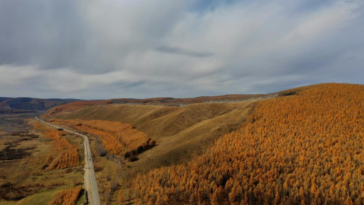 Breathtaking aerial view of autumnal hills in Hinggan League, China.