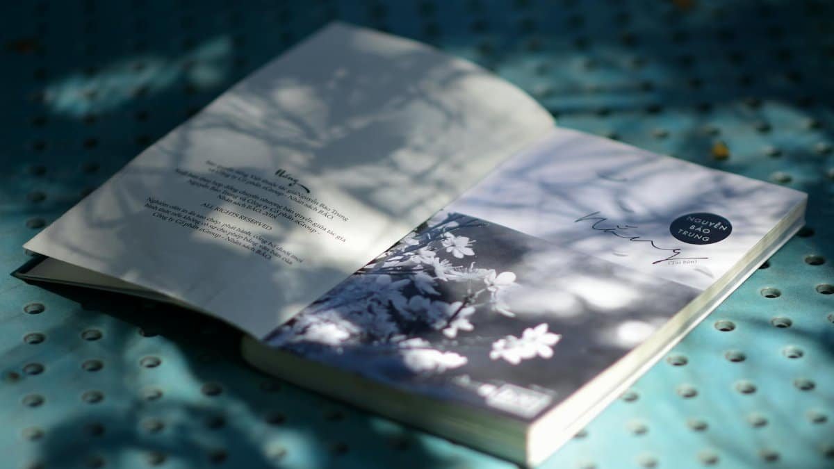 An open book on a dotted surface with artistic shadows cast by sunlight.
