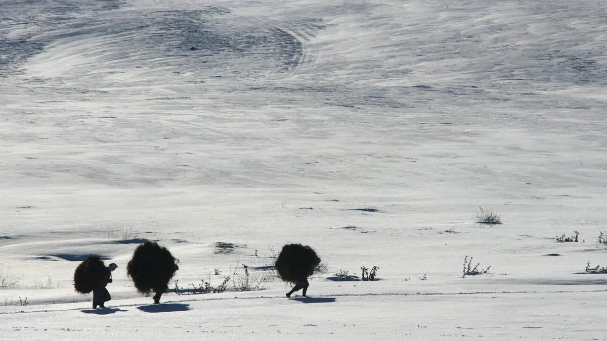 Three people carrying bundles walk through a snow-covered landscape in Türkiye.
