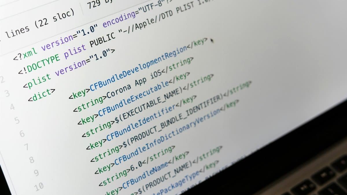 Detailed view of XML coding on a computer screen, showcasing software development.