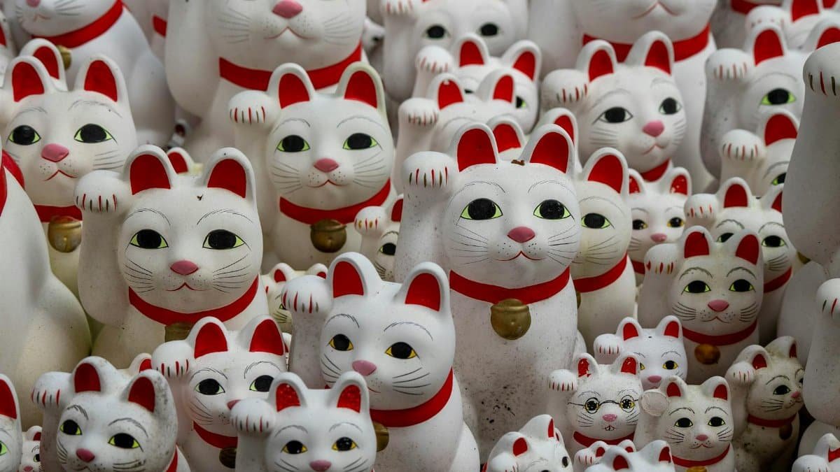 Cluster of traditional Japanese Maneki-neko lucky cat figurines with raised paws and red collars.