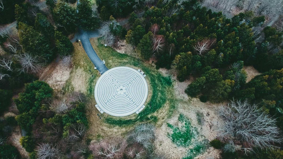 Aerial shot of a circular labyrinth surrounded by trees in a park setting.