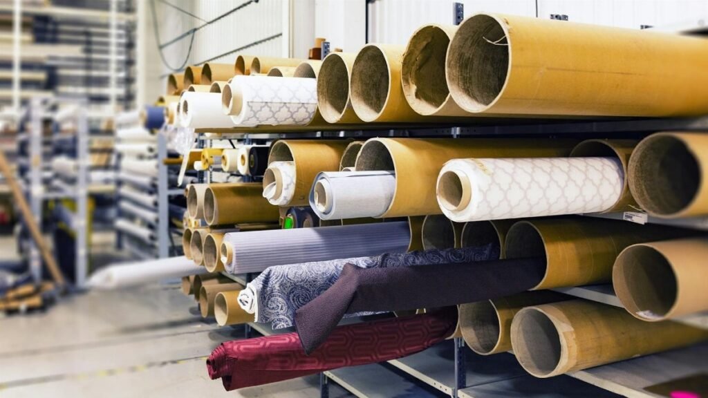 Rows of textile rolls stored in a factory for industrial manufacturing.