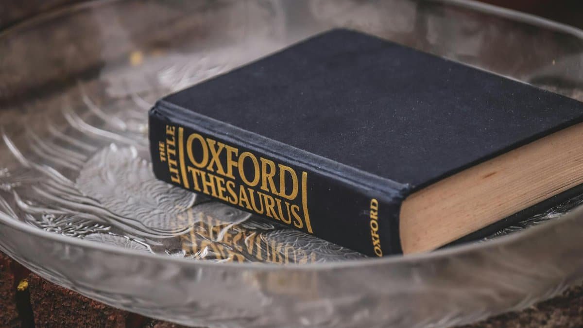 Elegant hardcover thesaurus with classic design on a textured glass plate.