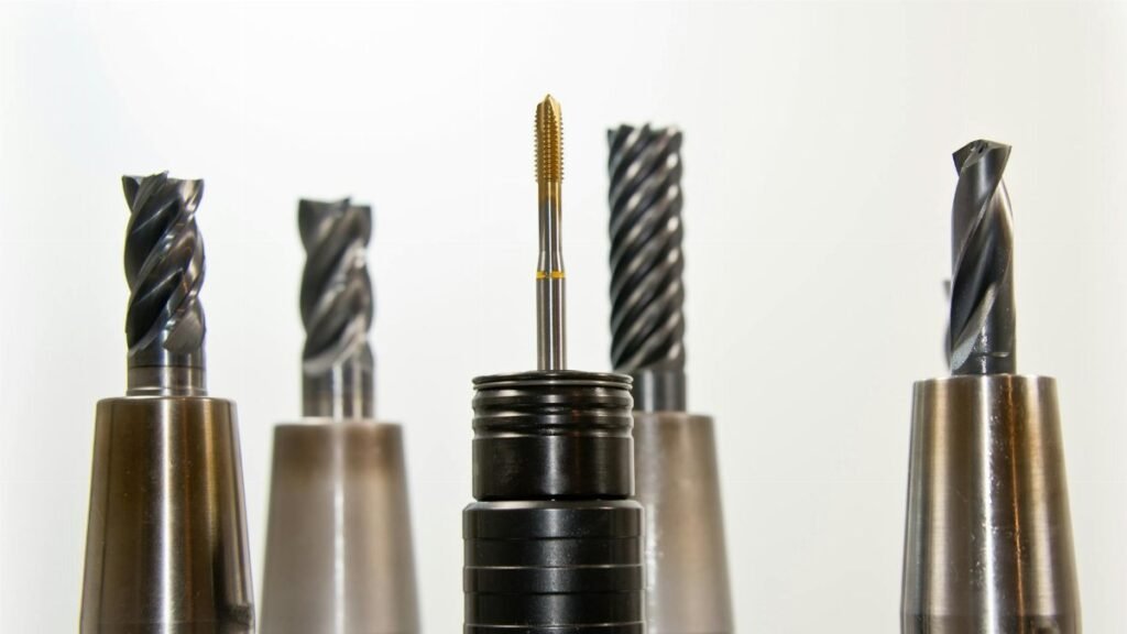 A close-up view of metal drill bits arranged vertically, showcasing industrial tools.