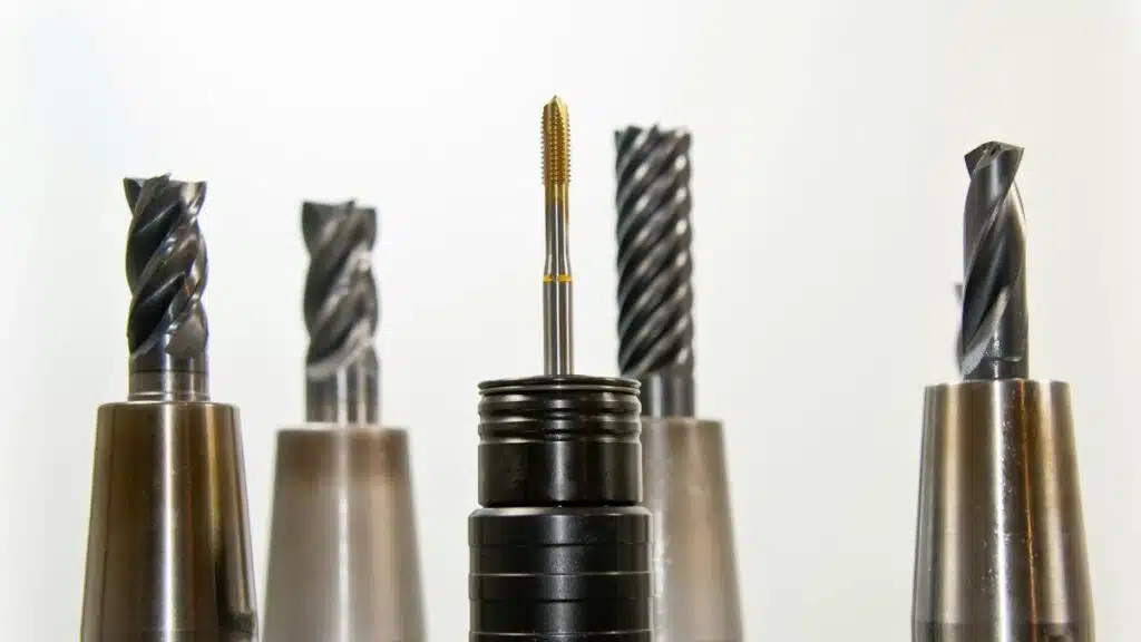 A close-up view of metal drill bits arranged vertically, showcasing industrial tools.