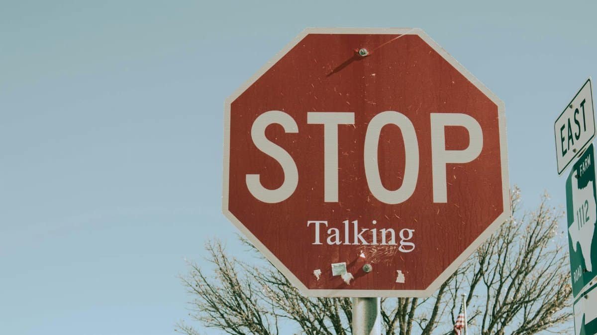 A comical stop sign in Marfa, Texas reads 'Stop Talking'.