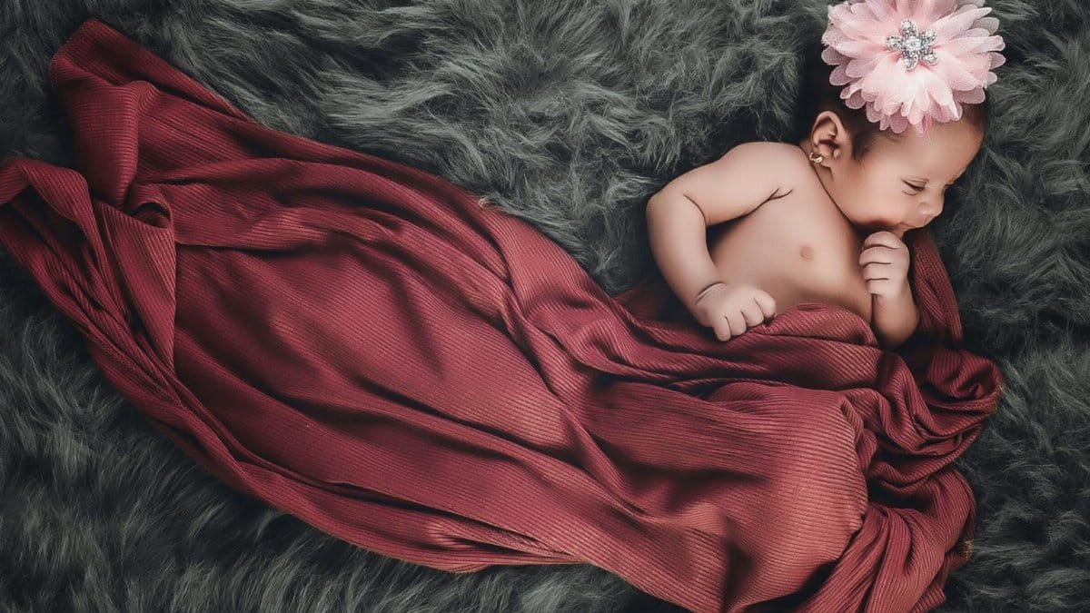 Sweet newborn baby sleeping on a soft fur carpet with a pink headpiece and burgundy wrap.