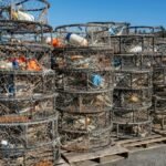 Crab pots stacked at a commercial dock in Petersburg, Alaska, reflecting local fishing industry.