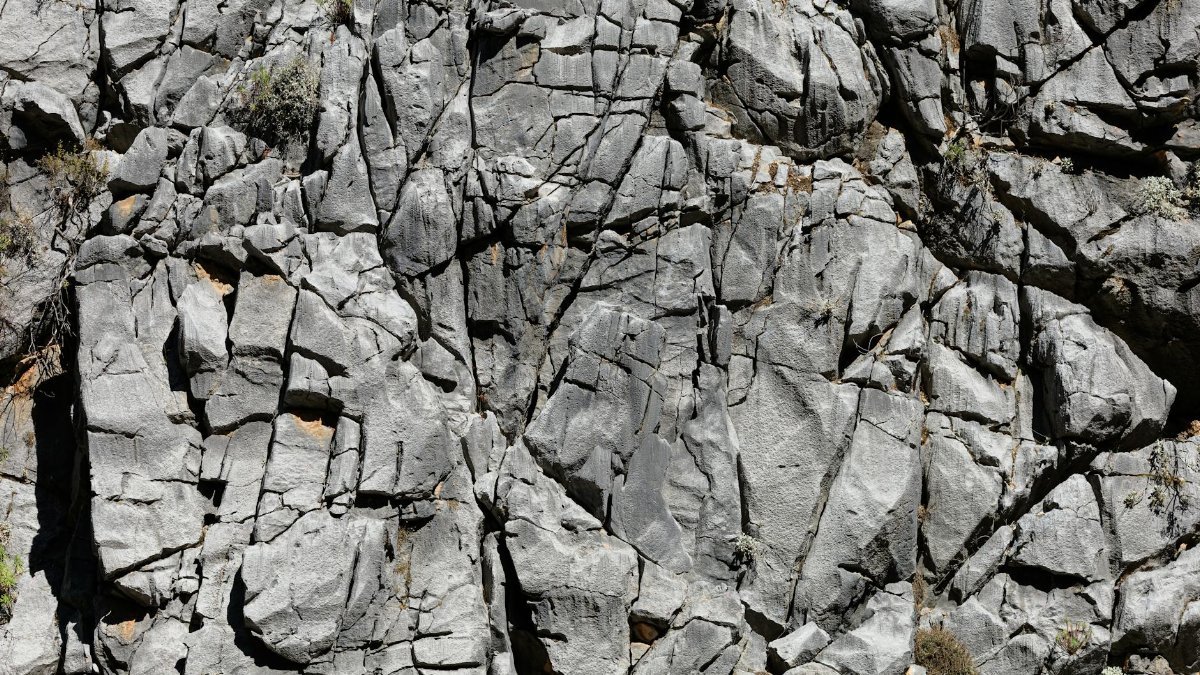 Detailed texture of a rugged gray rock face with natural splits and crevices.