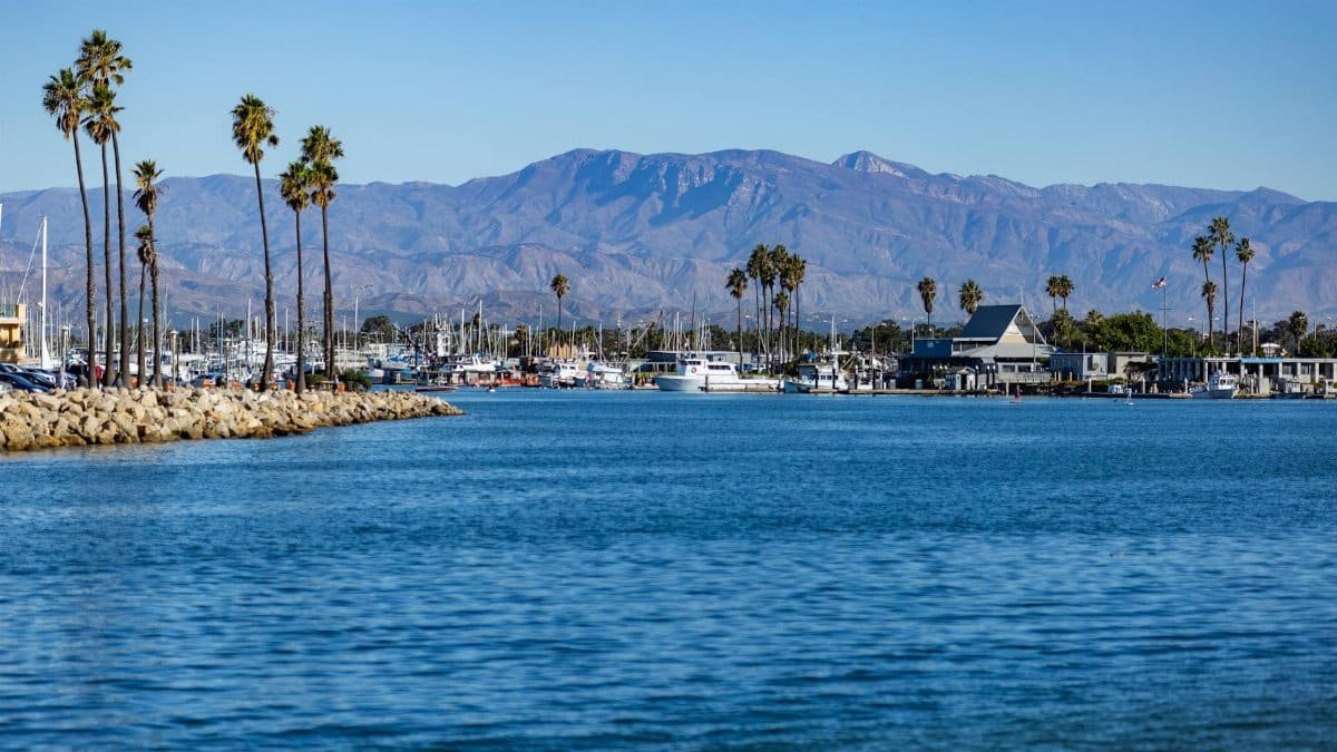 Beautiful view of Channel Islands Harbor in Oxnard, CA with palm trees and mountains in the background.