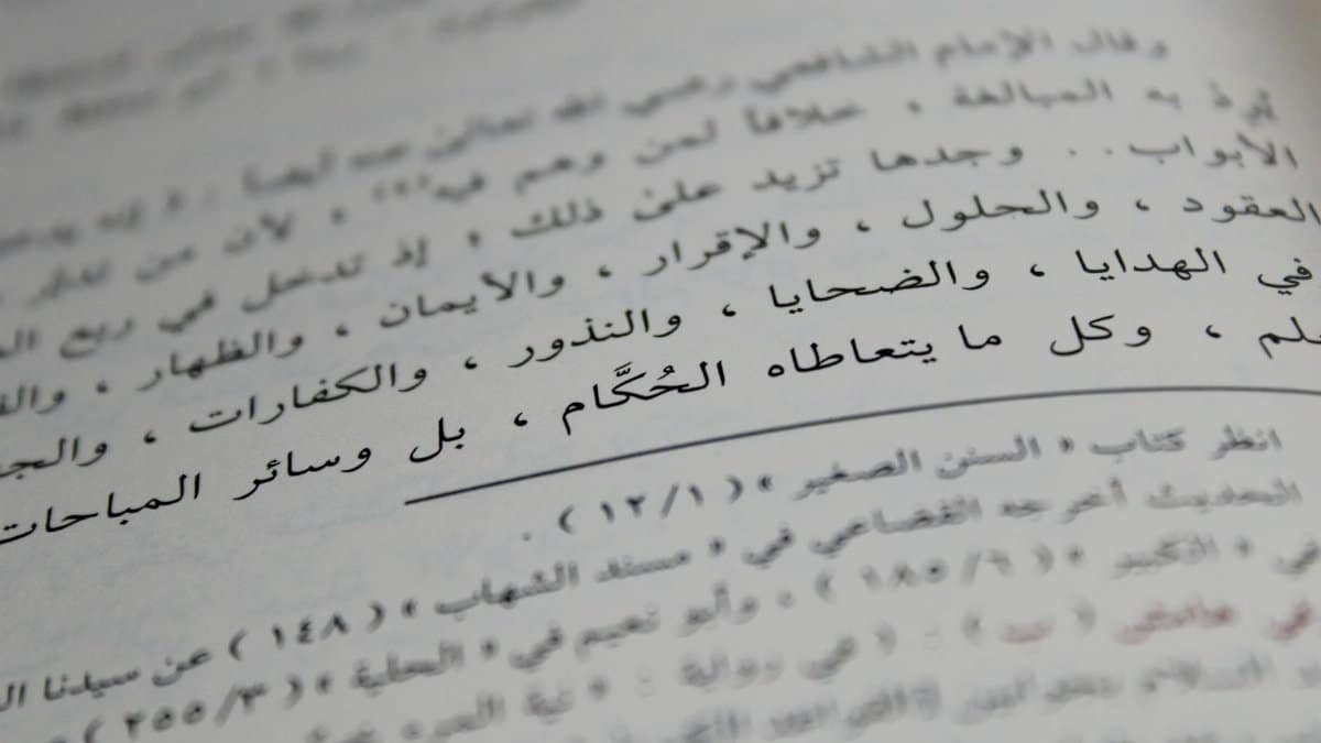 Close-up view of Arabic script on a book page, showcasing detailed calligraphy and text arrangement.