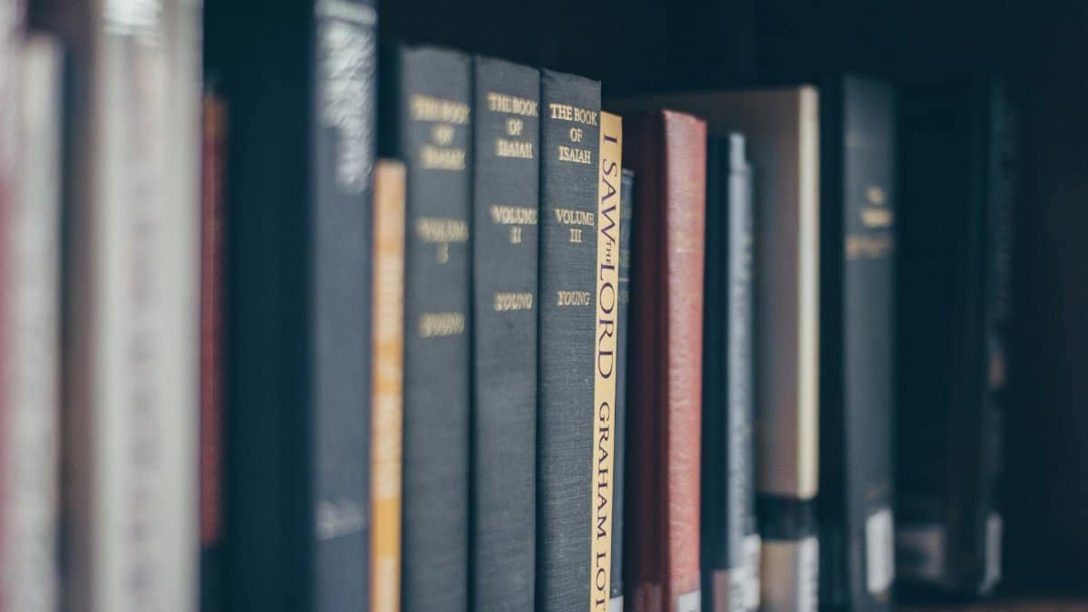 A focused view of books on a library shelf featuring various titles in soft lighting.