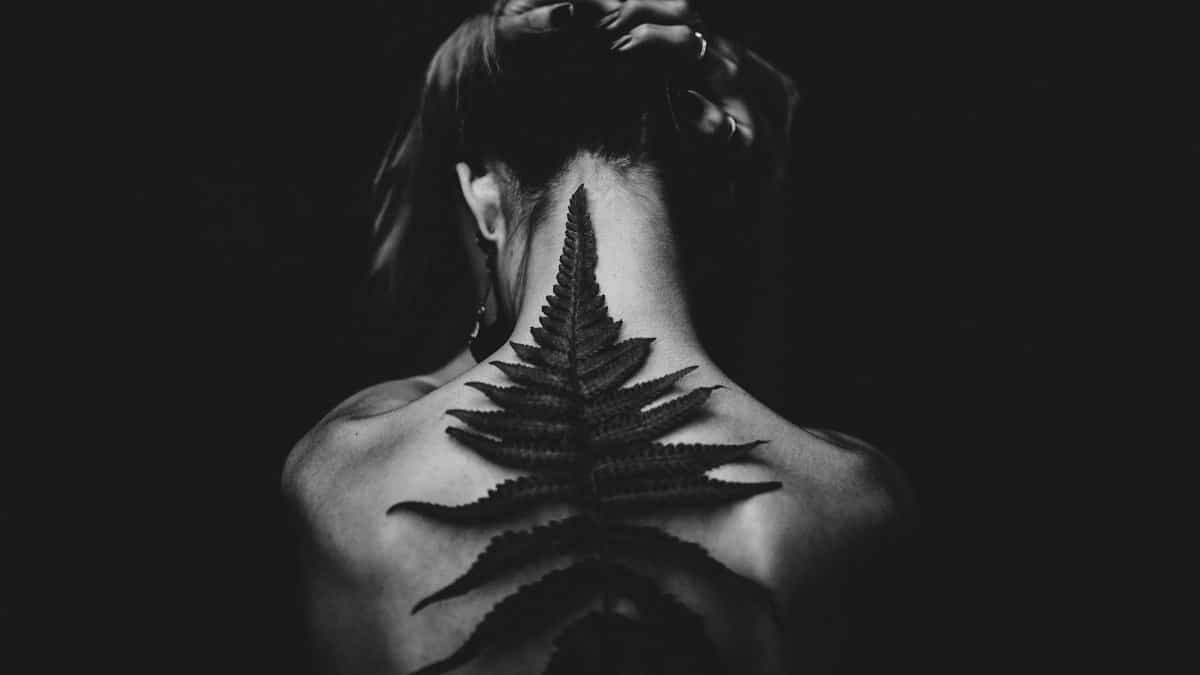 Black and white photo of a tattooed woman from the back, featuring a fern design. Captivating and artistic pose.