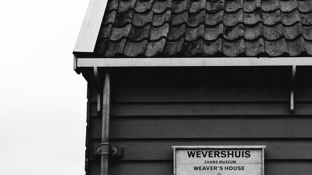 Minimalist black and white photo of Weaver's House facade in Zaandam, Netherlands.