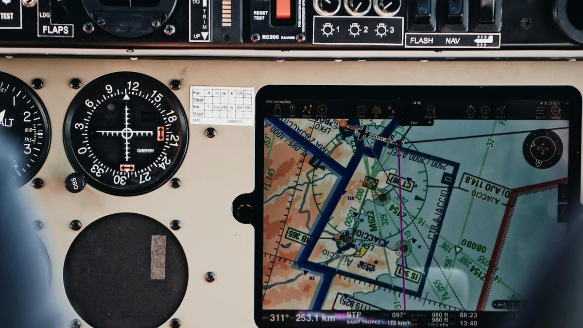 Detailed view of navigation instruments and flight display in an airplane cockpit.