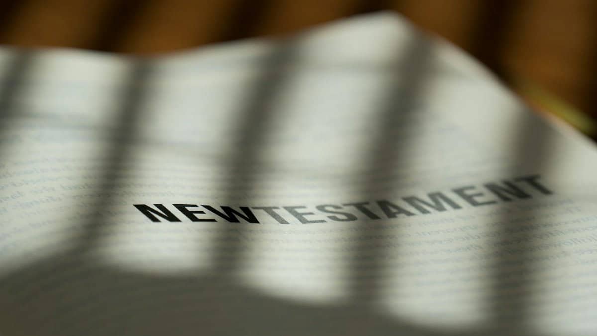 Close-up image of the New Testament with dramatic shadowing, perfect for religious and spiritual content.