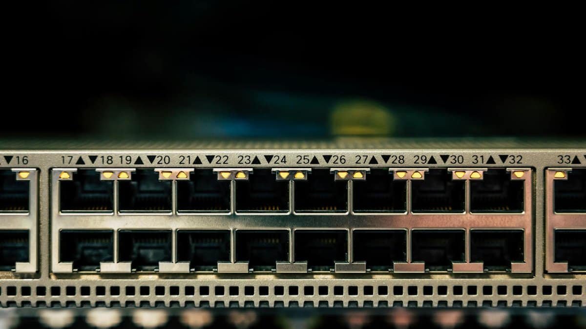 Detailed view of a network switch featuring multiple ethernet ports and LED indicators.