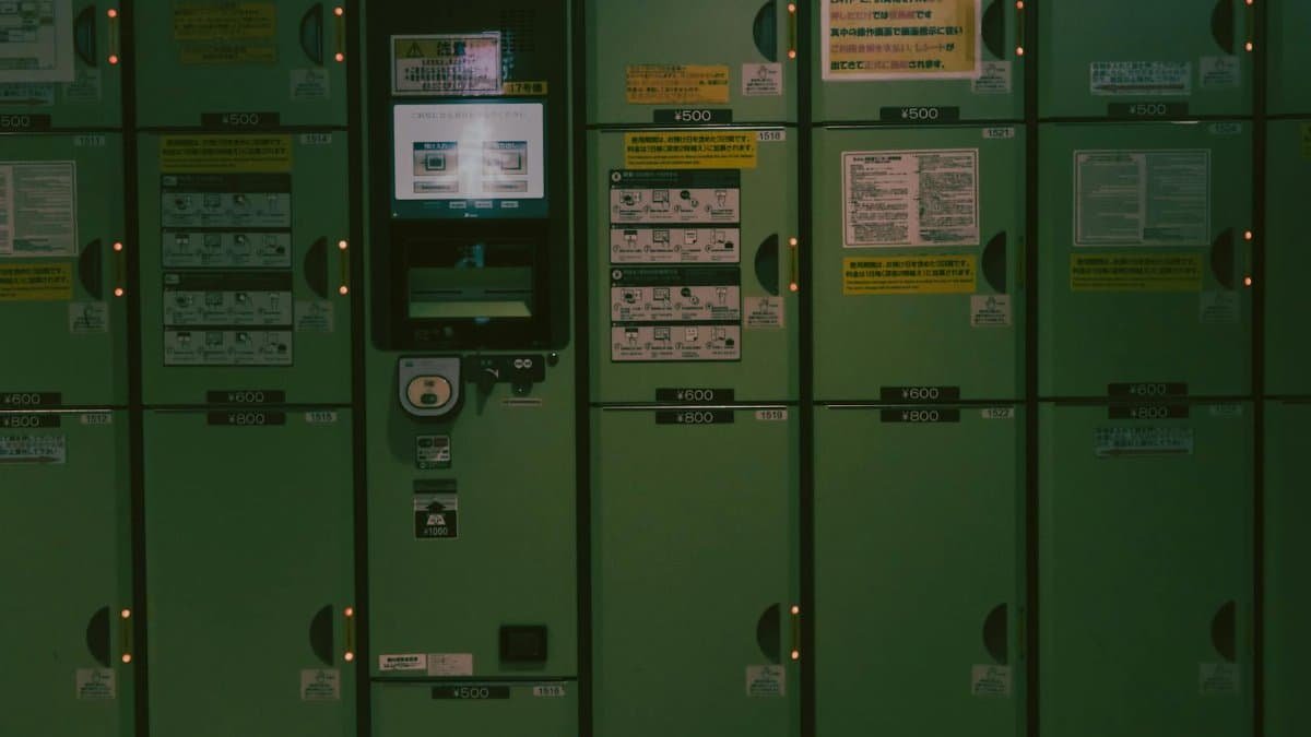 A row of green lockers in a Kyoto subway station, highlighting urban convenience.