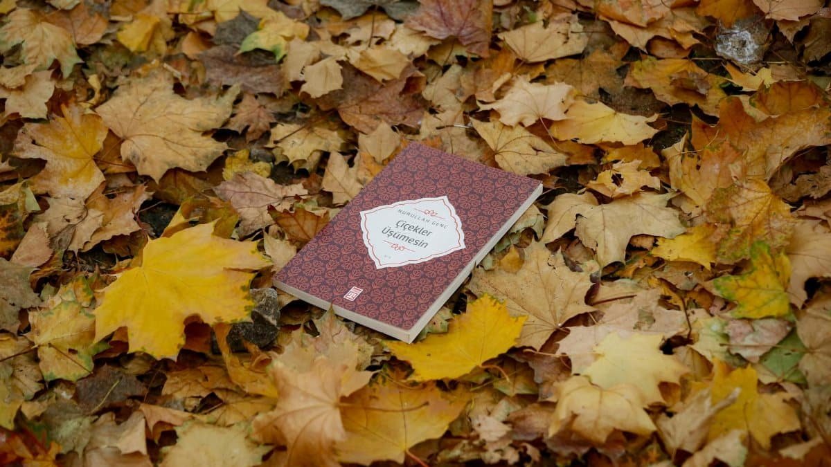 A book lies amidst colorful autumn leaves, capturing the essence of fall.