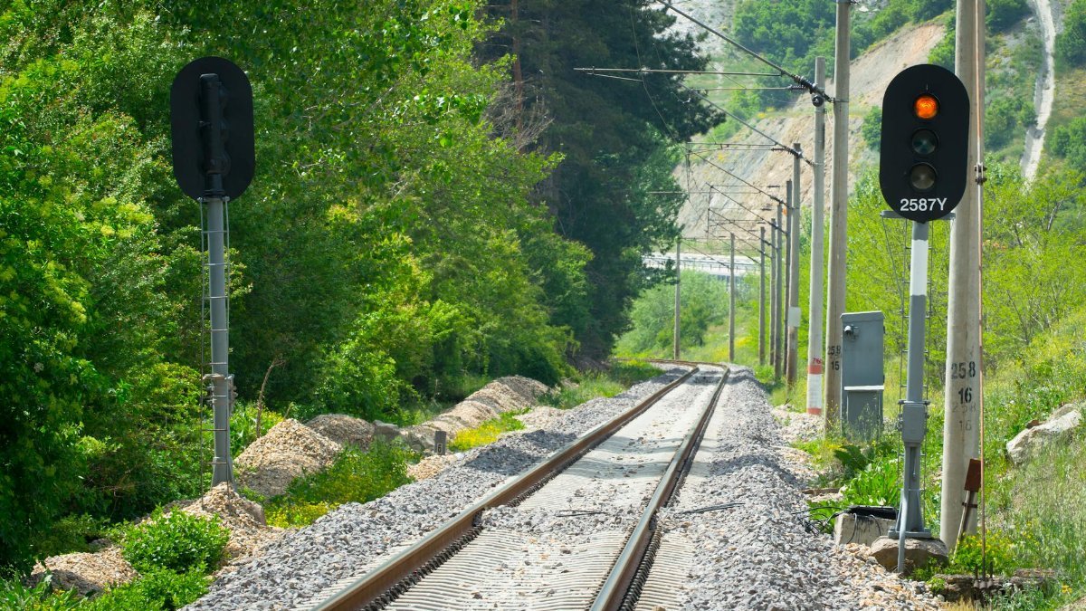 Railway tracks winding through vibrant greenery, featuring traffic signals, on a sunny day.