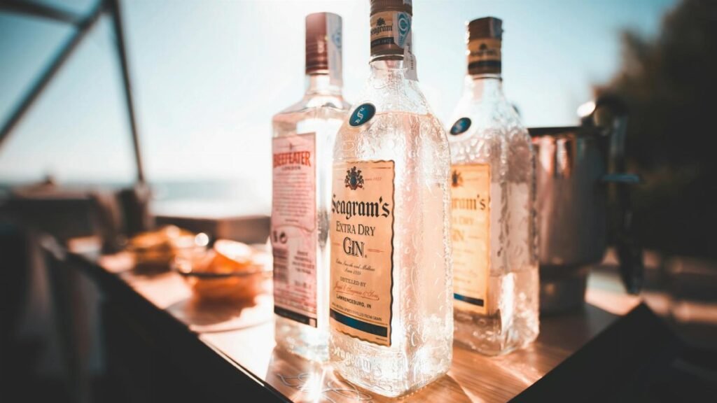 Chilled bottles of gin and vodka on a sunlit outdoor table, ideal for a summer celebration.