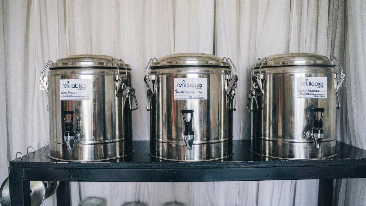 Triple set of steel containers for sustainable kitchen storage and zero waste solutions.