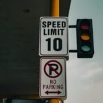 Close-up of a speed limit sign and traffic lights at an intersection under a cloudy sky.